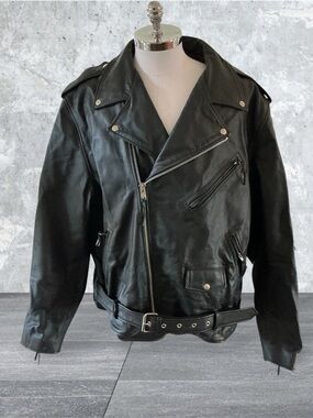 FMC Black Leather Motorcycle Men's 58T Zip Pockets Belted Waist Quilt Lined Jkt